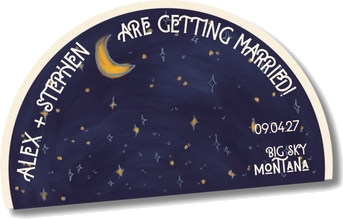 Hand-drawn illustration: Alex and Stephen are getting married, September 4, 2027, Big Sky, Montana